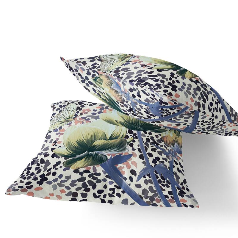 HomeRoots Set of Two 16" X 16" Blue and Green Butterfly Blown Seam Floral Indoor Outdoor Throw Pillow - 16.00' X '16.00' X '5.00