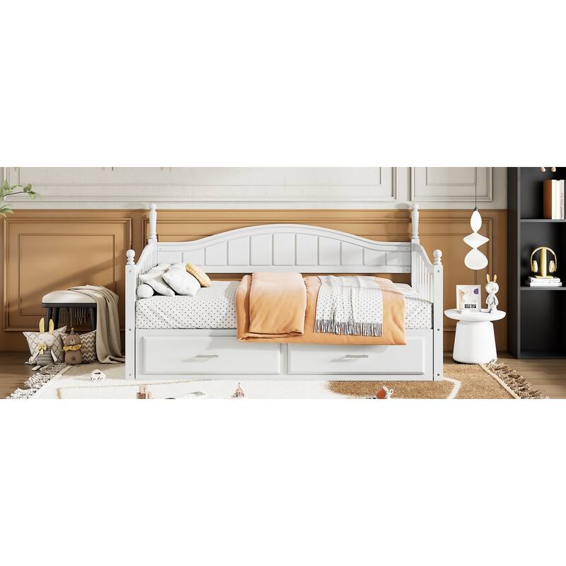 Twin Size Wooden Daybed with Two Storage Drawers and Trundle for Bedroom