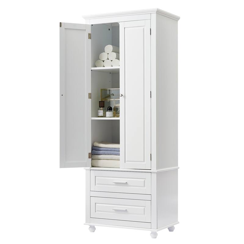 Roomfitters 64" Tall Bathroom Storage Cabinet, Modern MDF Linen Tower with 2 Large Drawers & Adjustable Shelves, White