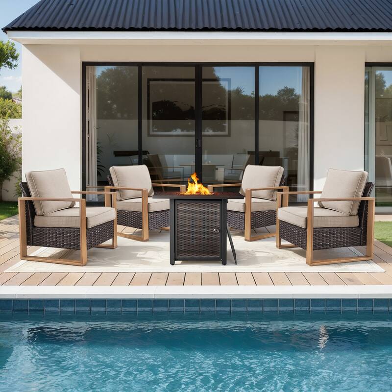 Meyreso 5-Piece Wicker Patio Conversation Set with Metal Fire Pit & Plush 4.5" Olefin Cushions