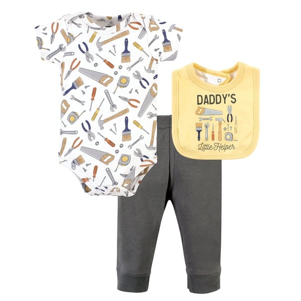 slide 1 of 1, Hudson Baby Infant Boy Cotton Bodysuit, Pant and Bib Set, Construction Work 0-3 Months - Construction Work