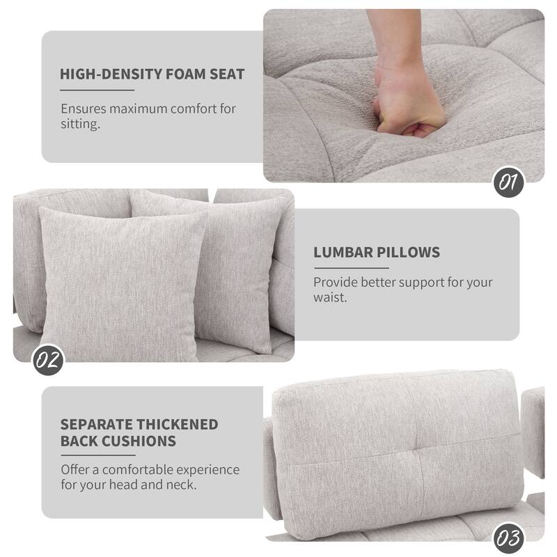 Grey 91.73" L-Shaped 4-Seat Sectional Sofa with 2 Hidden Stools, 2 Removable Lumbar Cushions, and Durable Chenille Upholstery