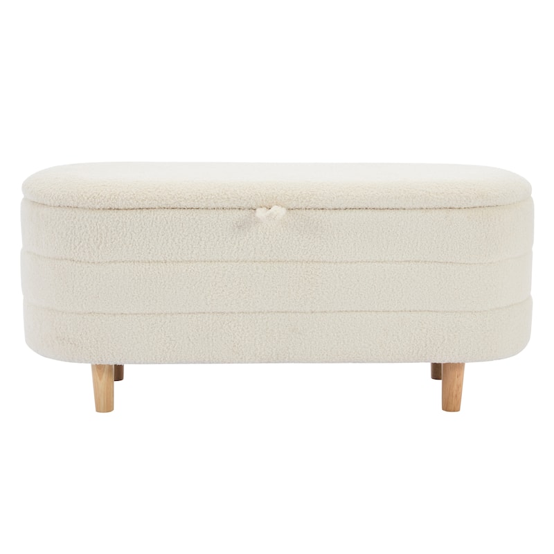 Elegant Upholstered Sherpa Fabric Storage Ottoman with Wood Legs, Storage Bench for Bedroom, Living Room