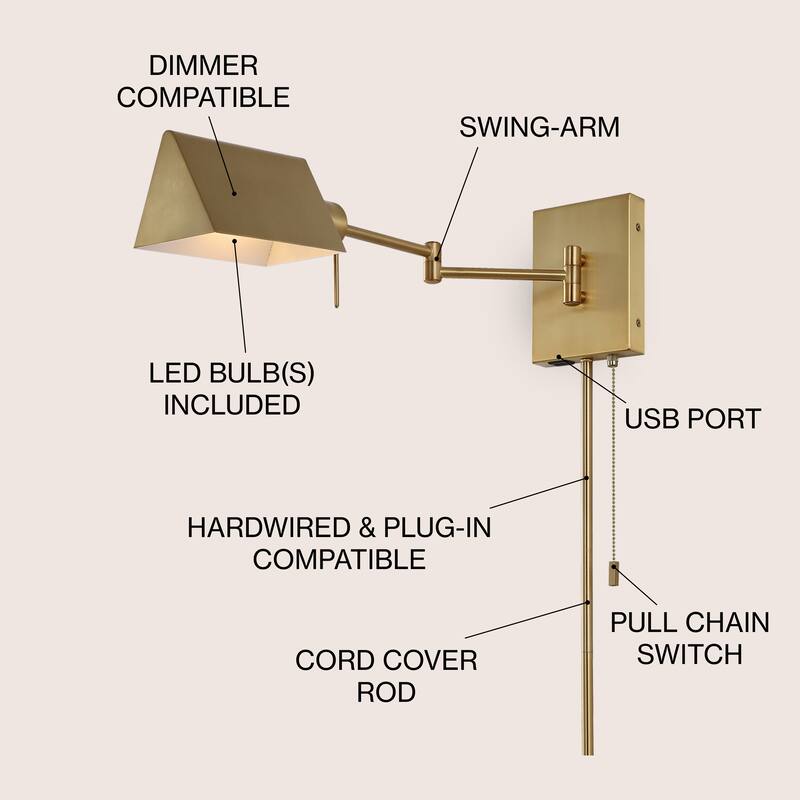 Curtis Farmhouse Swing Arm Plug-In or Hardwired Iron LED Wall Sconce with Pull-Chain with USB Charging Port, by JONATHAN Y
