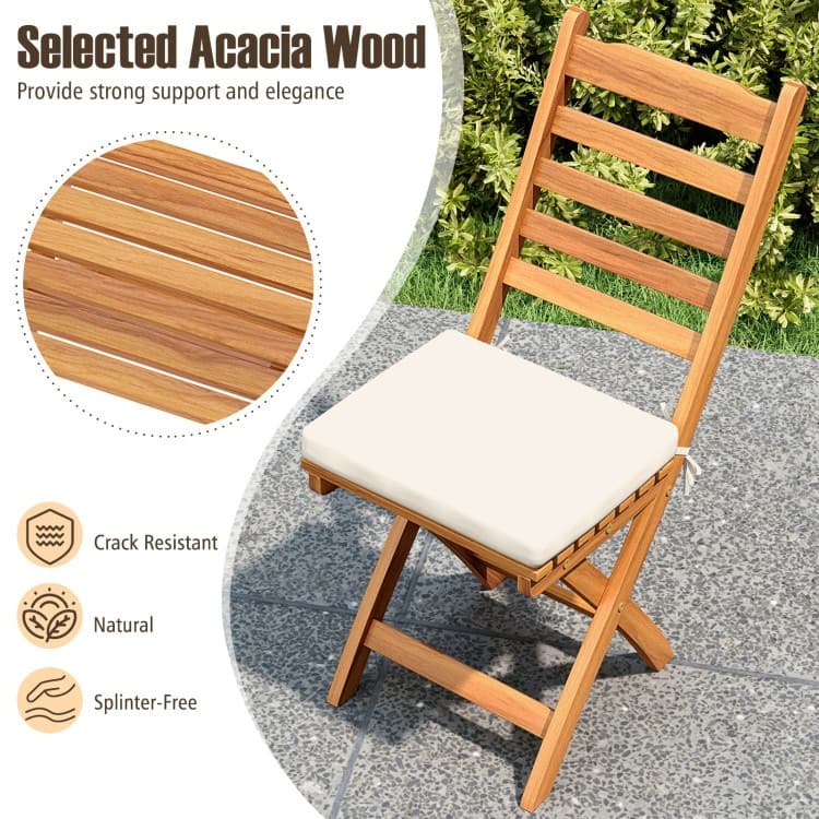 Off White Cushion Acacia Wood Folding Outdoor Chair Set of 2 with Ergonomic Backrest - 23" x 16.5" x 34"