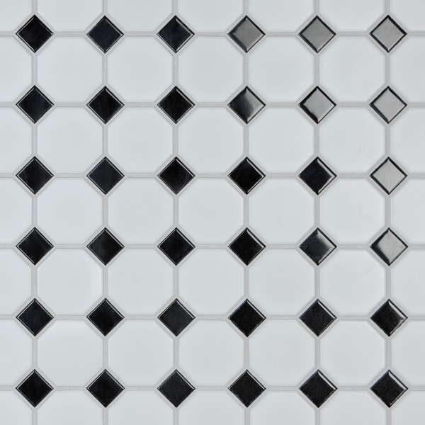 SomerTile Metro Octagon Matte White with Black Dot 11.5" x 11.5" Porcelain Mosaic. Opens flyout.