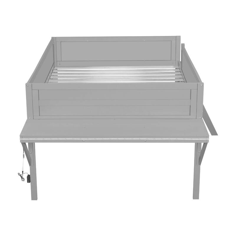 Grey Twin Size Gaming Loft Bed with Integrated Desk and LED Lighting, Storage Space for Consoles
