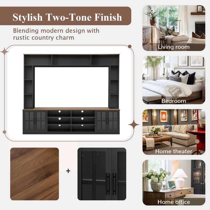 95.5" Entertainment Center for TVs up to 80", Media Console with Tempered Glass Doors & Bookshelves