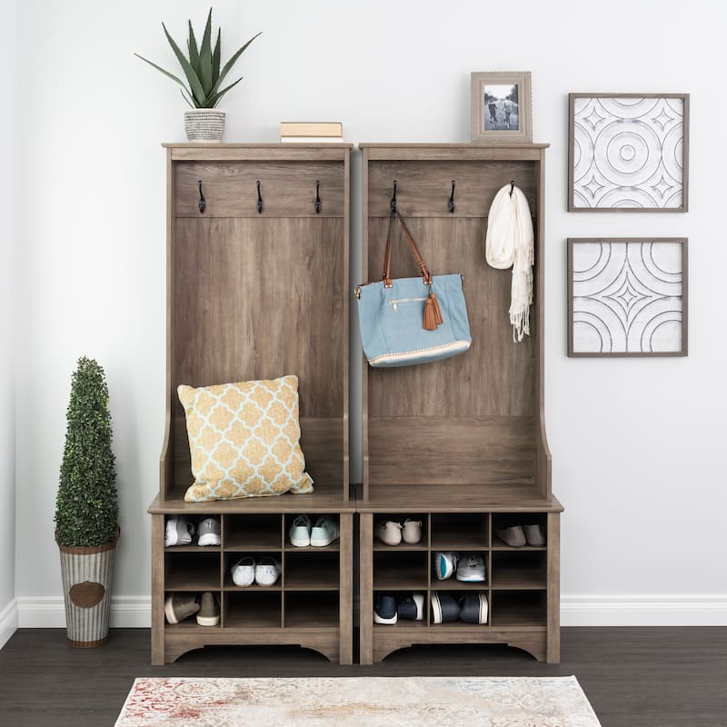 Prepac Hall Tree with Bench and Shoe Storage, Mudroom Bench with Storage and Hooks