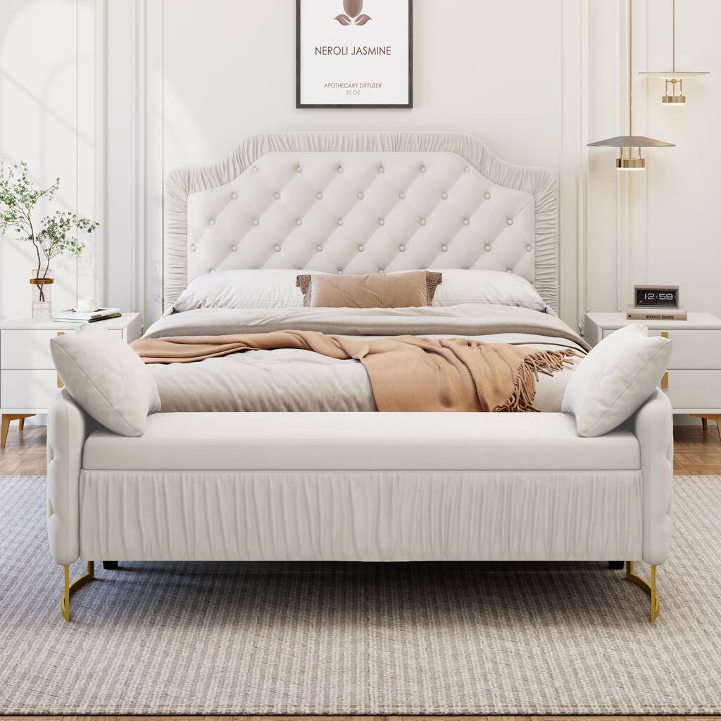 Velour Elegance Upholstered Bed Frame with Ruched & Button-Tufted Headboard by Harper&Bright Designs