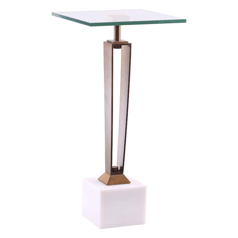 11" Brushed Brass Square Glass Marble Pedestal End Table