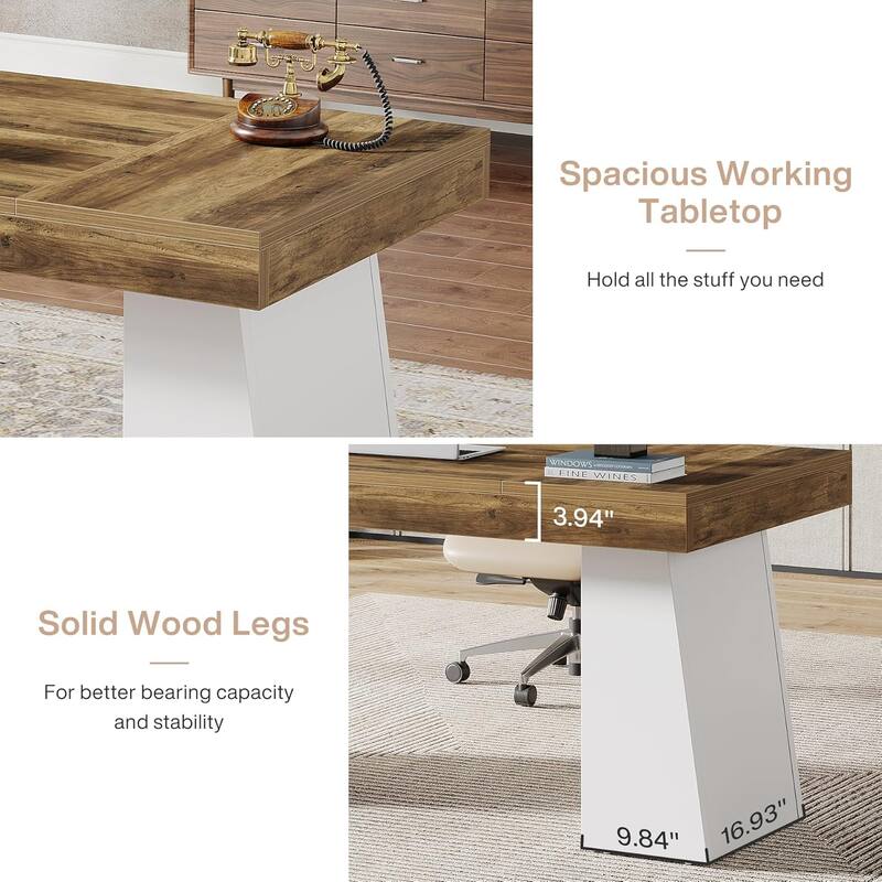 55 Inch Modern Executive Desk, Large Home Office Computer Writing Desk with Sturdy Pedestal (MDF)