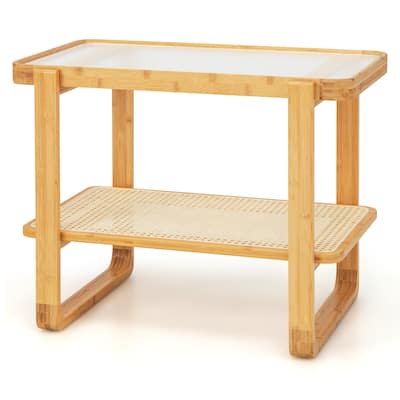 2-tier Wicker Side Table with Glass Top-Natural - 28" x 17.5" x 21.5"