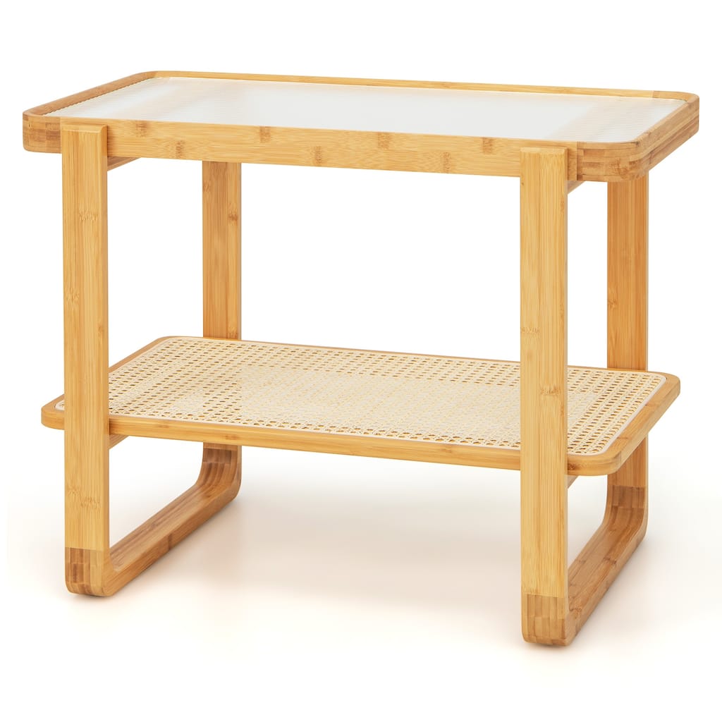 2-tier Wicker Side Table with Glass Top-Natural - 28" x 17.5" x 21.5"