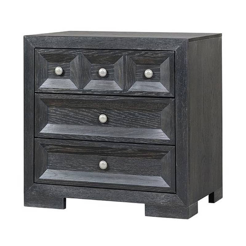 Kizie Nightstand, 3 Drawers, USB A-C, Weathered Black Wood, 28 Inch