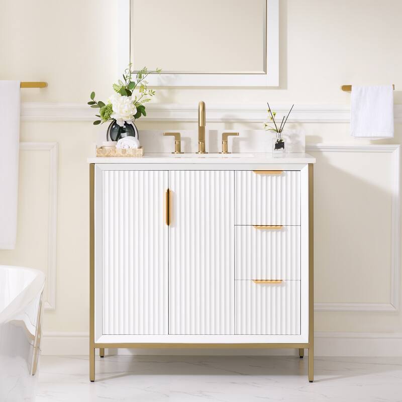 35''H Solid Wood Bathroom Vanity With Carrera White Quartz Top and Sink,White