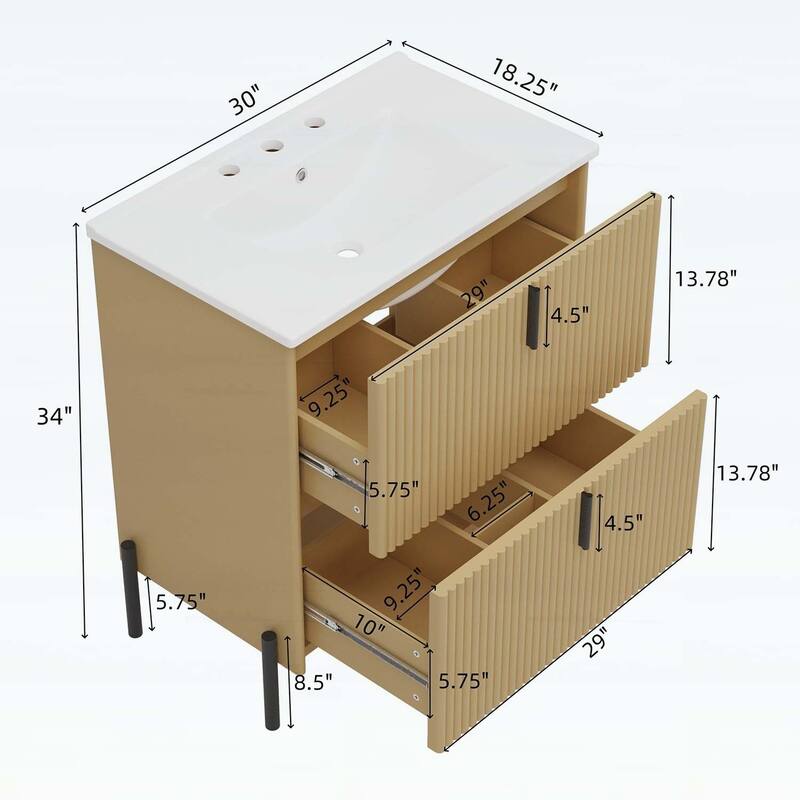 30-Inch Freestanding Bathroom Vanity with Ceramic Sink,Soft Close Drawers,and Fluted Design in Dark Brown