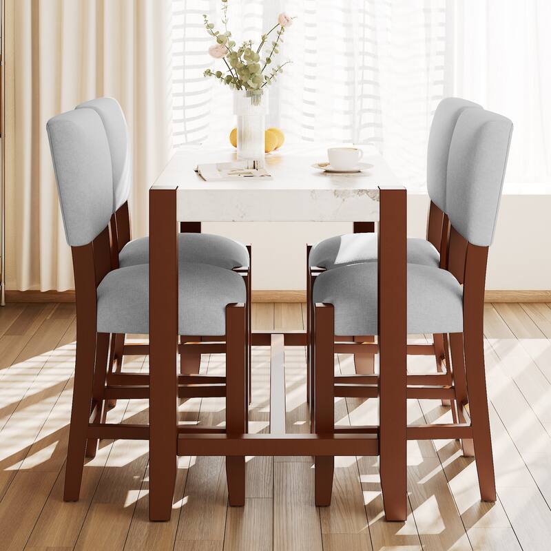 5-Piece Counter Height Dining Table Set, Faux Marble Bar Table and 4 Upholstered-Seat Chairs, Mid-century Modern Dining Set