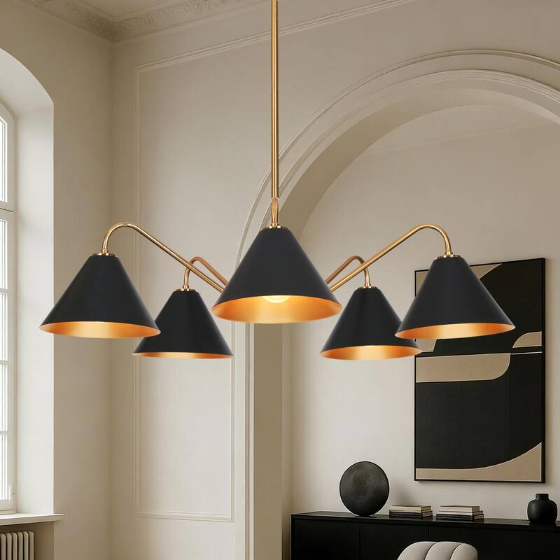 Modern Industrial 5-Light Black Gold Chandelier Metal Wheel Pendant Lights for Dining Room - 27" D x 6.5" H