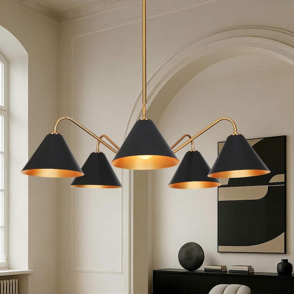 Modern Industrial 5-Light Black Gold Chandelier Metal Wheel Pendant Lights for Dining Room - 27" D x 6.5" H