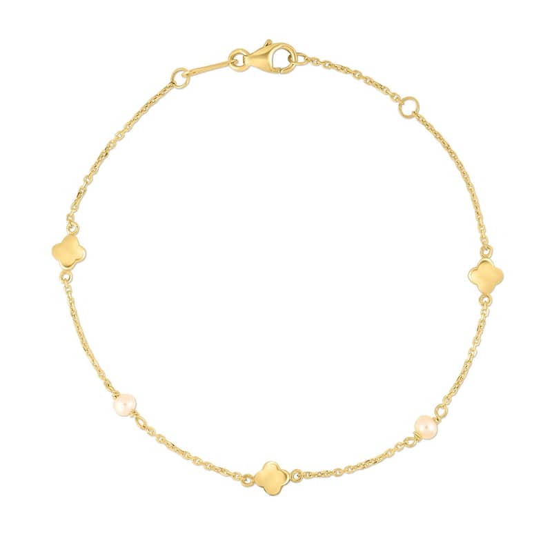 Curata 14k Yellow Gold 16" Pearl Clover Chain Necklace (Lobster)
