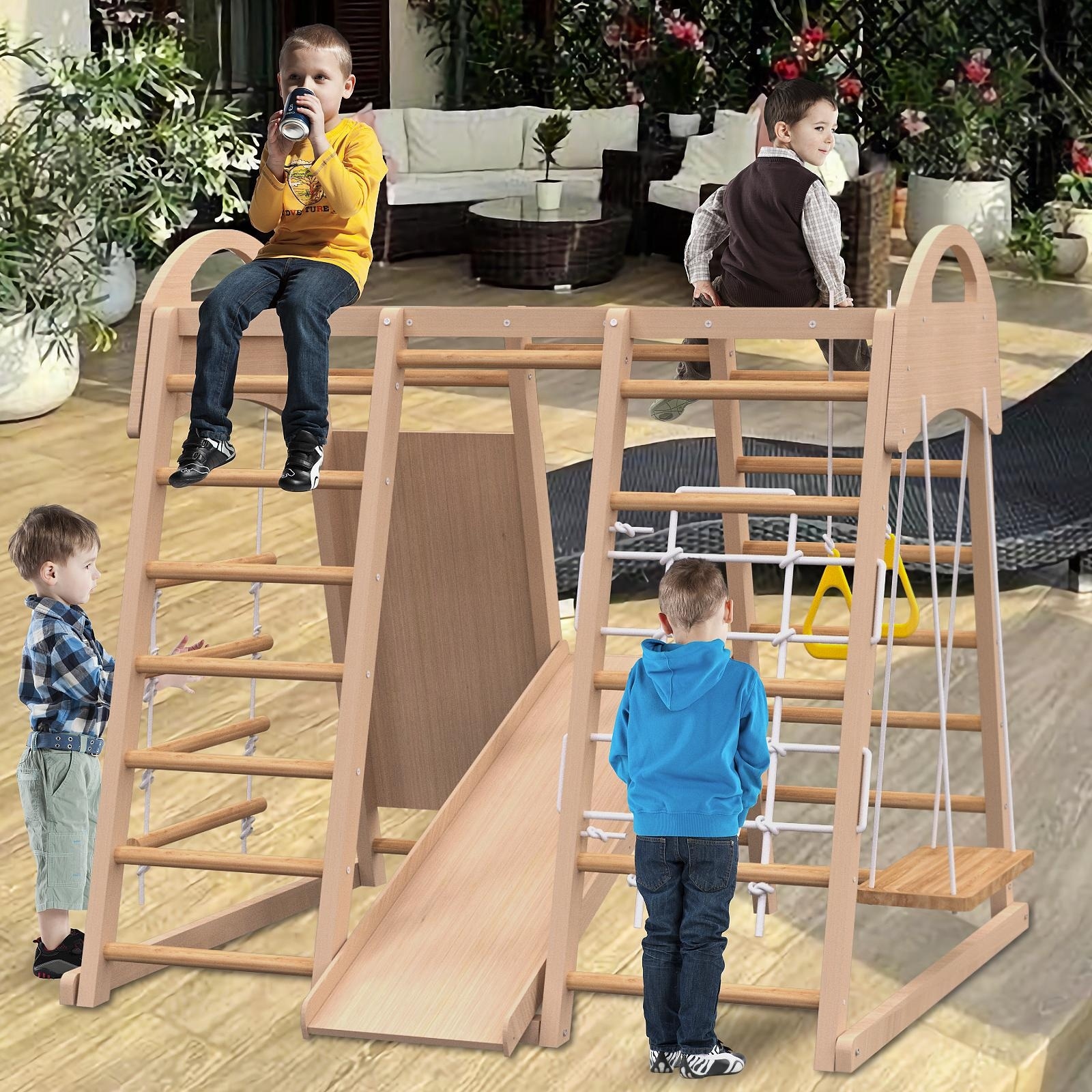 GDF Studio - TimberTrek 7-in-1 Indoor Wooden Jungle Gym Playset for Kids - Natural Wood