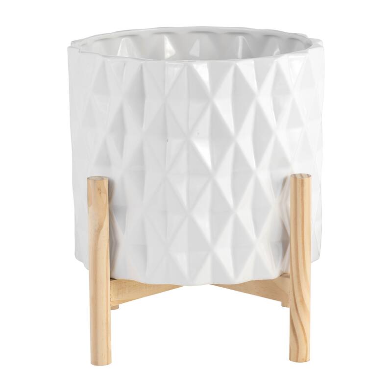 Sagebrook Home Ceramic Planter on Pine Wood Stand - Enhance Your Living Space - Garden Chic Decor