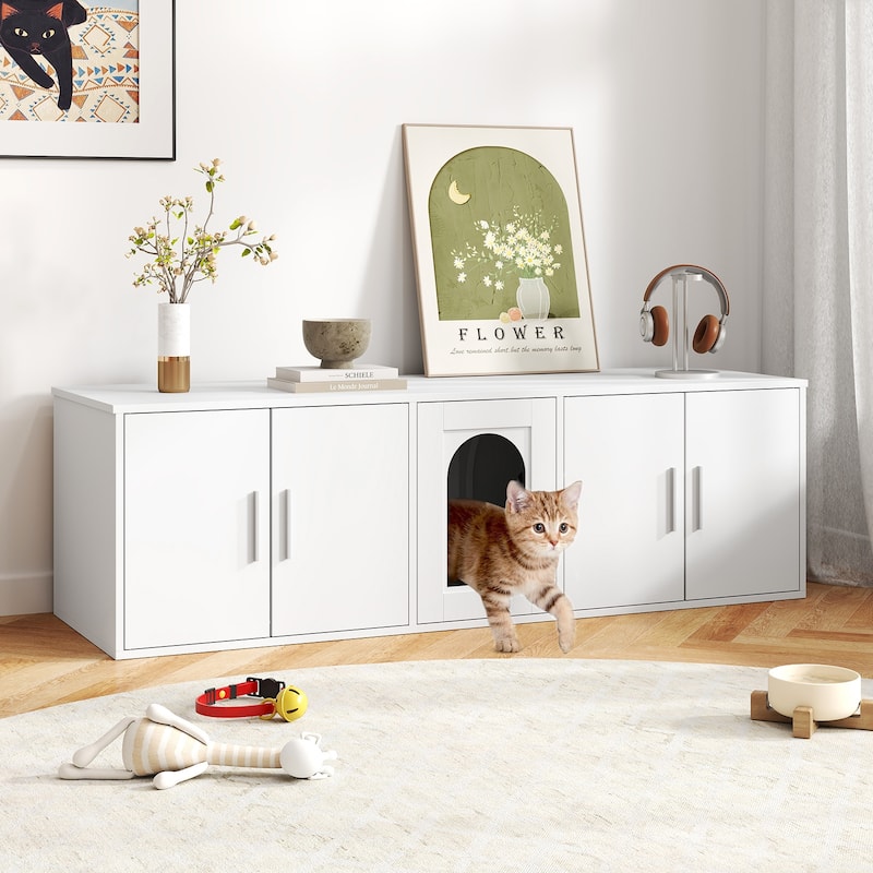White Engineered Wood Cat Litter Box Cabinet with Double Rooms and Scratcher