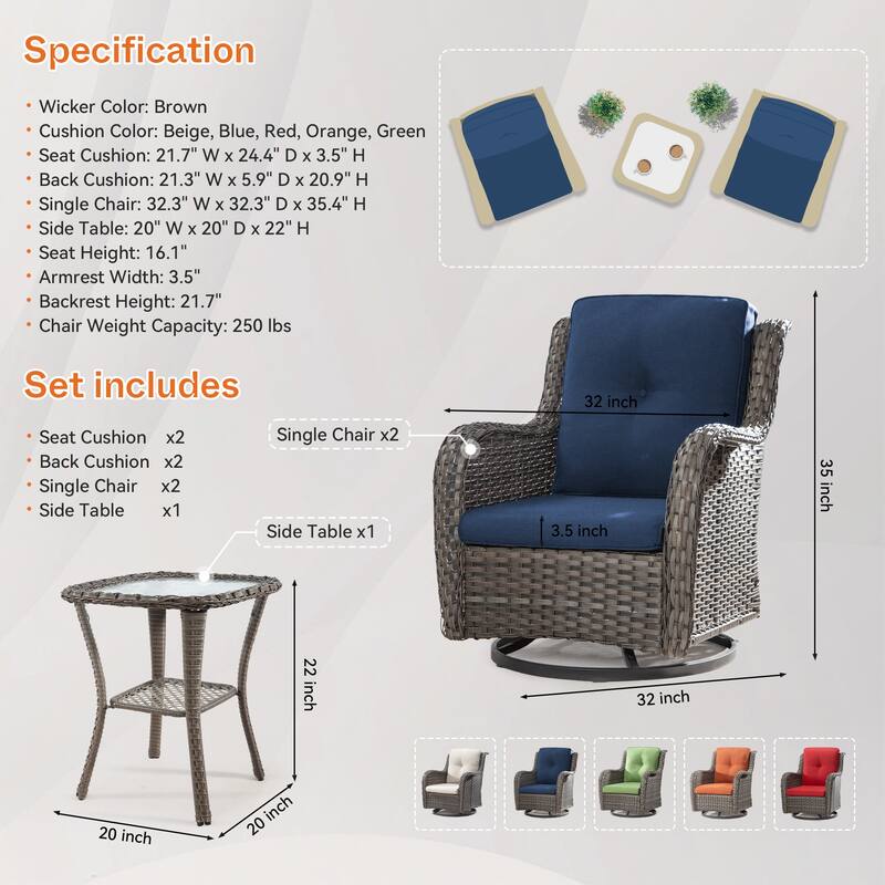 Cozywor 3-Piece Wicker Patio Swivel Outdoor Rocking Chair Set