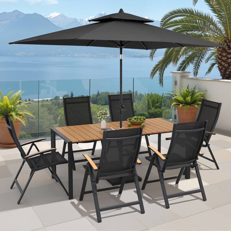9/11-Piece Outdoor Patio Dining Set Aluminum Dining Table and Chairs w/10 ft Market Umbrella and Base - Set of 9 - Brown Table with Black Umbrella
