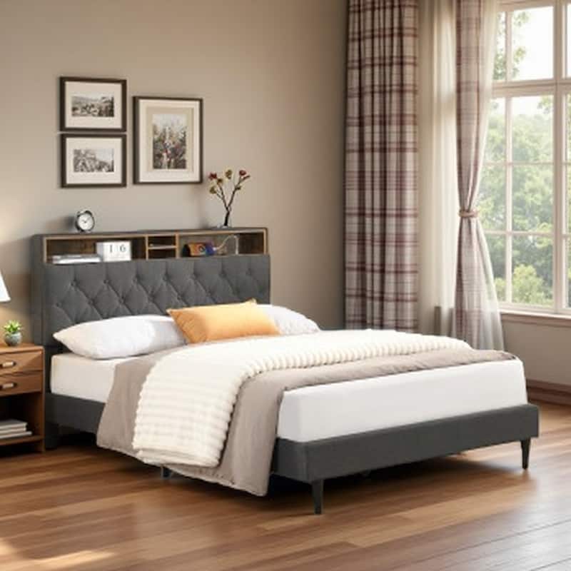 Queen Upholstered Platform Bed Frame with Linen Button-Tufted Headboard, Built-In USB Charging Station, Side Storage Pockets - Dark Gray