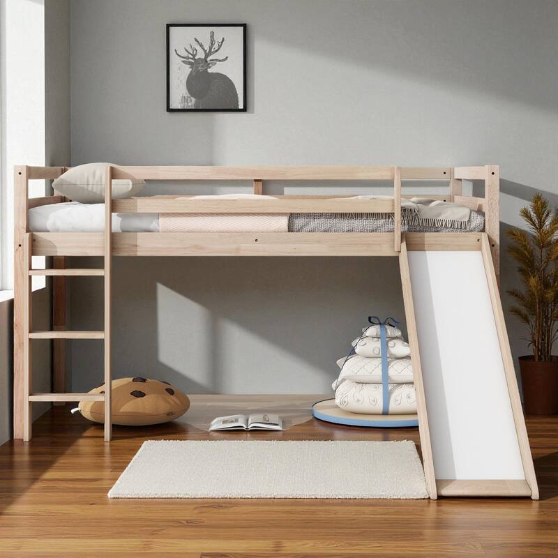 Twin Low Loft Bed with Slide and Ladder, Solid Rubber Wood Loft Bed with Guardrails and Underbed Play or Storage Space - White Oak - Twin