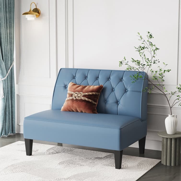 Settee Loveseat Bench, Modern Cushioned Linen Armless Sofa Upholstered Sofa Backrest Buckle Couch Banquette Bench - Blue