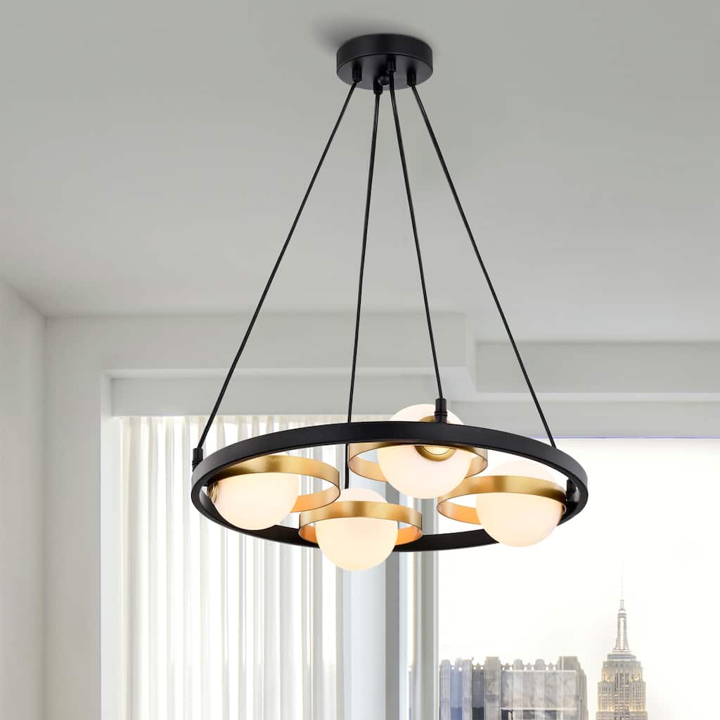 Pomponia 18 Inch Modern Circular Opaque Glass Matte Black and Satin Gold Finish Ceiling Lighted Chandelier 4-Light
