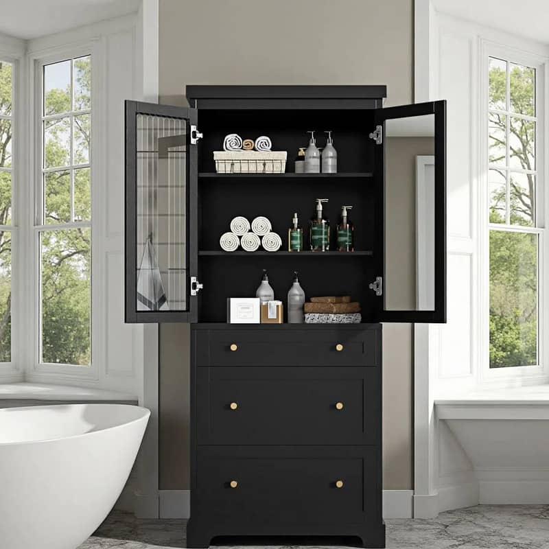Tall Bathroom Storage Cabinet, Freestanding Cabinet with Glass Doors & Adjustable Shelves, Bathroom Pantry Cabinet with Drawers
