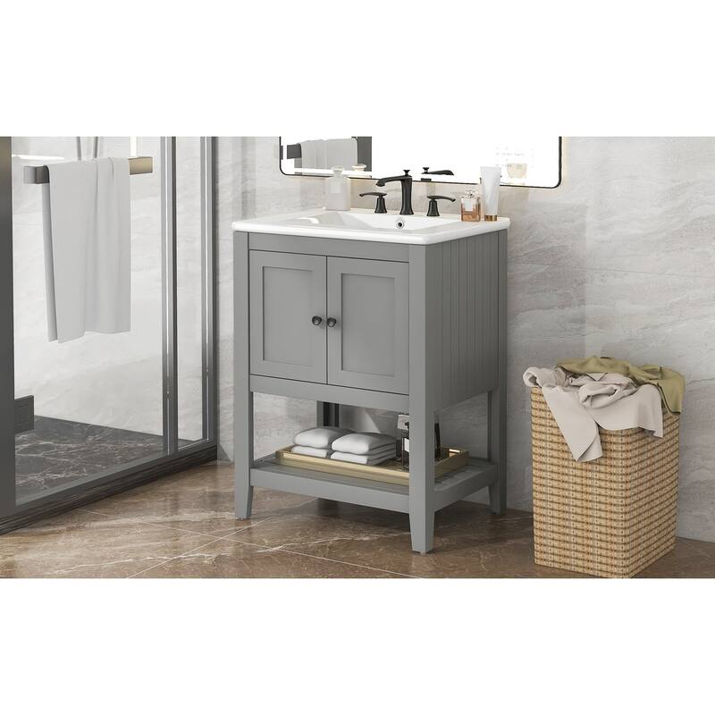 Bathroom Vanity with Sink, Small Storage Cabinet with 2 Soft Closing Doors, Sink Vanity with Solid Wood Frame