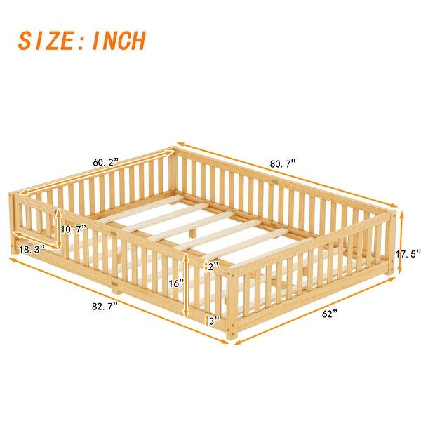 dimension image slide 1 of 2, Queen Size Pine Wood Floor Bed with Safety Guardrails and Door for Kids
