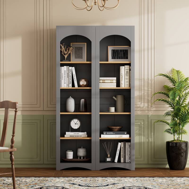 Free Standing 5 Tier Bookshelves Set of 2, Farmhouse Two-Tone Storage Cabinet - 39.3" W × 12.4" D × 72" H
