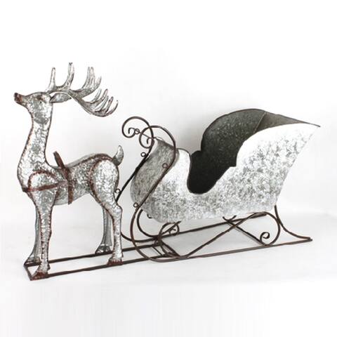 Large Galvanized Reindeer and Sleigh Decoration