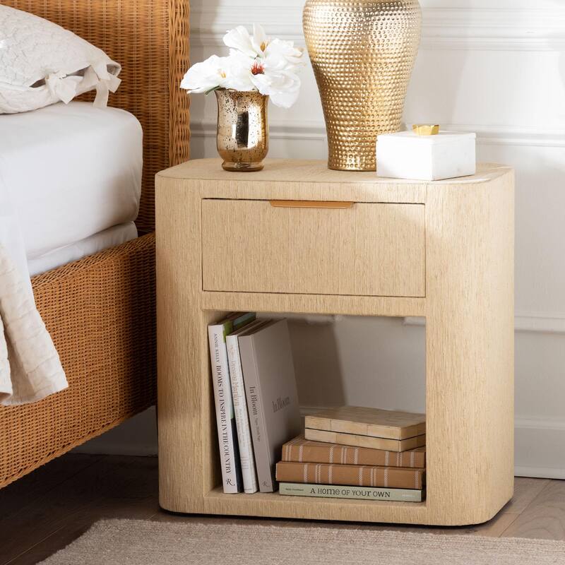 Beauford Grasscloth 1-Drawer Nightstand with Open Shelf - Woven Texture Bedside Table with Rounded Corners and Gold Handle
