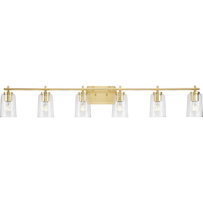 Adley Collection Six-Light Satin Brass Clear Glass Bath Vanity Light - 48.5 in x 6 in x 7.62 in - 48.5 in x 6 in x 7.62 in