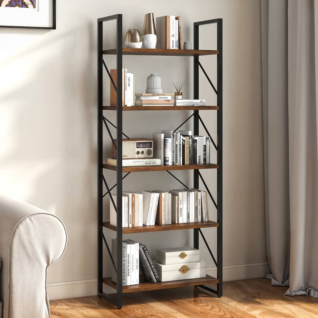 Moasis 62" Industrial Bookshelf, 5 Tier Rustic Wood Etagere Bookcase with Open Shelves