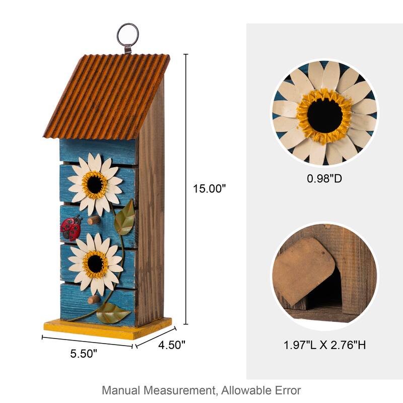 Glitzhome 15"H Washed Blue 2-Tiered Solid Wood and Metal Daisy Decorative Outdoor Garden Birdhouse