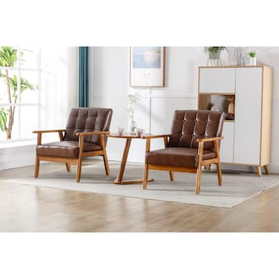 Modern PU Leather Arm Chairs Set of 2 Livingroom Accent Chairs with Side Table Retro Wood Armchairs and Lounge Reading Chairs