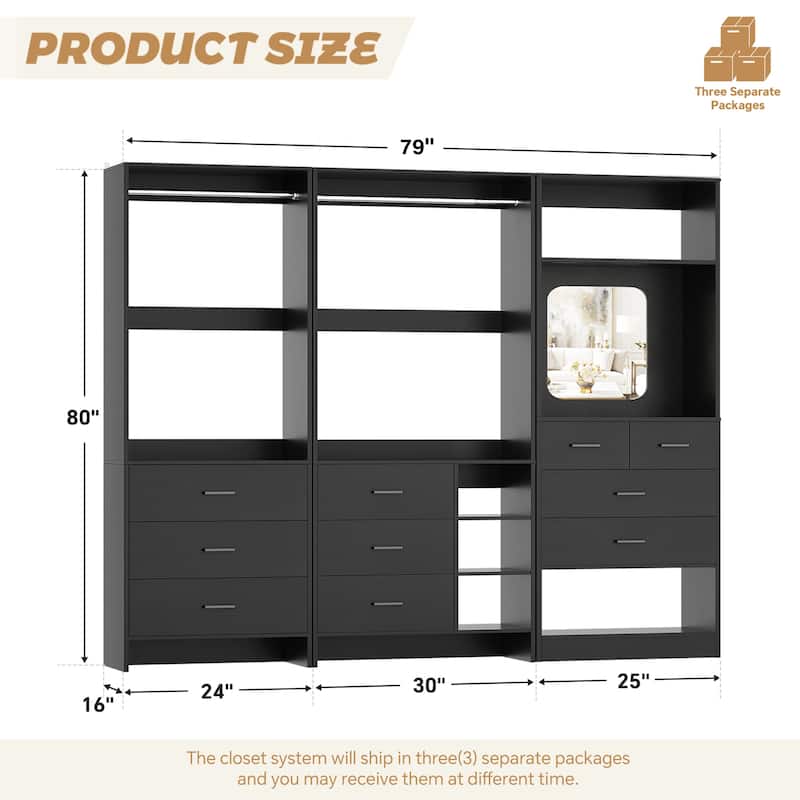 Cimly Set of 3 Closet Organizers with Drawers and Mirror, Freestanding Closet System with Hanging Rods
