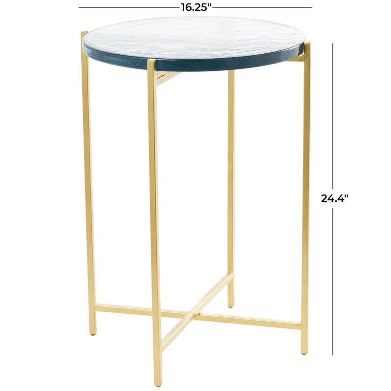Gold or Black Metal X-Shaped Side End Accent Table with Textured Glass Tabletop