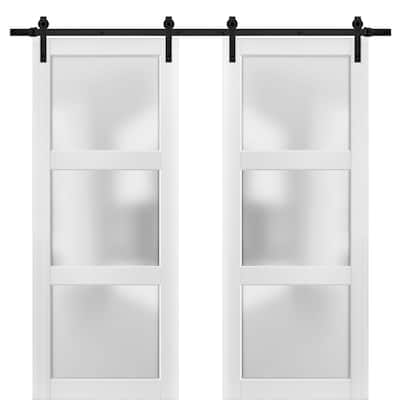 Sturdy Double Barn Door Frosted Glass 3 Lites / Lucia 2552 White