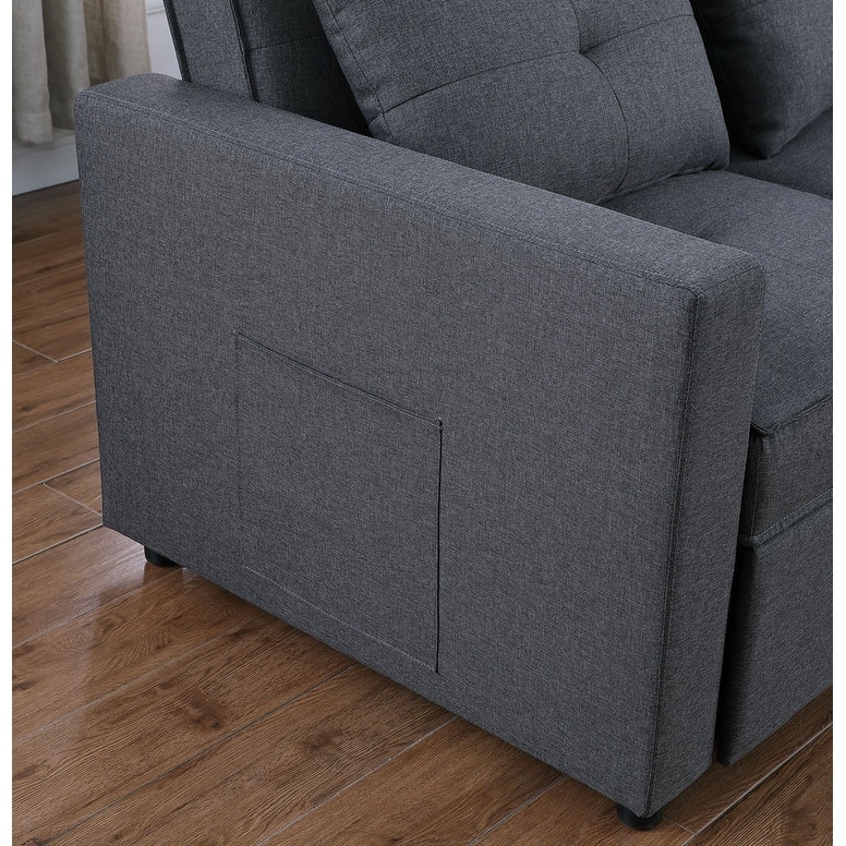 56" Dark Gray Linen Convertible Sleeper Loveseat With Side Pocket