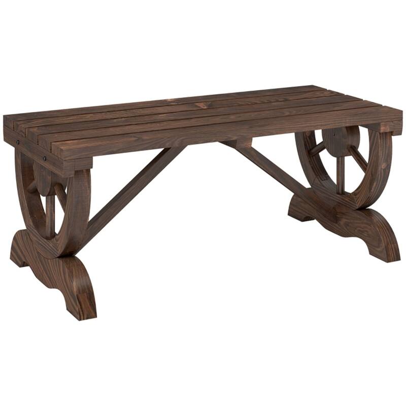 Fir Wood Patio Garden Bench with Wheel Legs and Slatted Seat - 38.6" W x 19.75" D x 15.6" H - Brown
