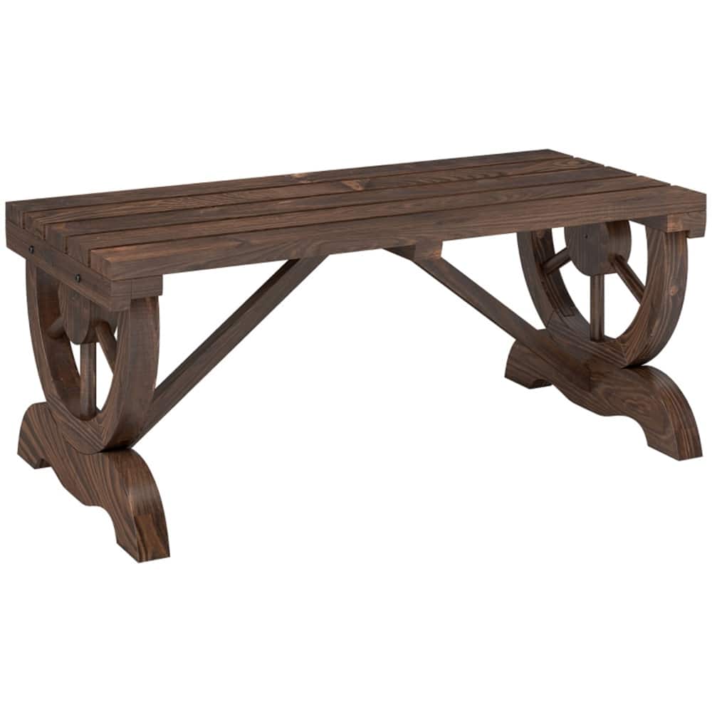 Fir Wood Patio Garden Bench with Wheel Legs and Slatted Seat - 38.6" W x 19.75" D x 15.6" H